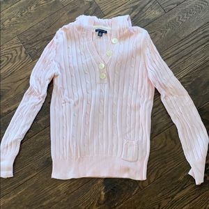 Pink Hooded 3/4 Button Up Sweater